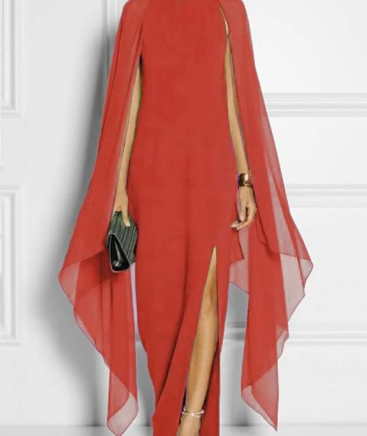 SOMTHRON Women's Elegant High Split Flare Cape Sleeve Chiffon Long Dress Evening Gown Cocktail Maxi Formal Dress