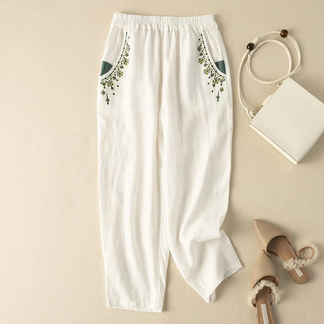 Starella Women's Casual Pants Embroidered Harem Carrot Trousers with Pockets