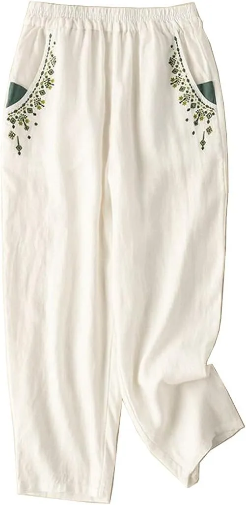 Starella Women's Casual Pants Embroidered Harem Carrot Trousers with Pockets