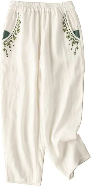 Starella Women's Casual Pants Embroidered Harem Carrot Trousers with Pockets