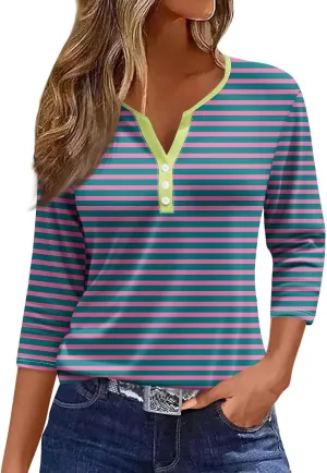 Striped Shirt Women Color Block 3/4 Sleeve Sweatshirt Pullover Slim Fit Henley Collar Tops Blouse Casual Basic Tee