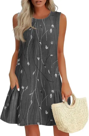 Summer Dresses 2025 Casual Crew Neck Vintage Floral Sleeveless Ruffle Hem A Line Beach Mini Tank Sundresses with Pockets