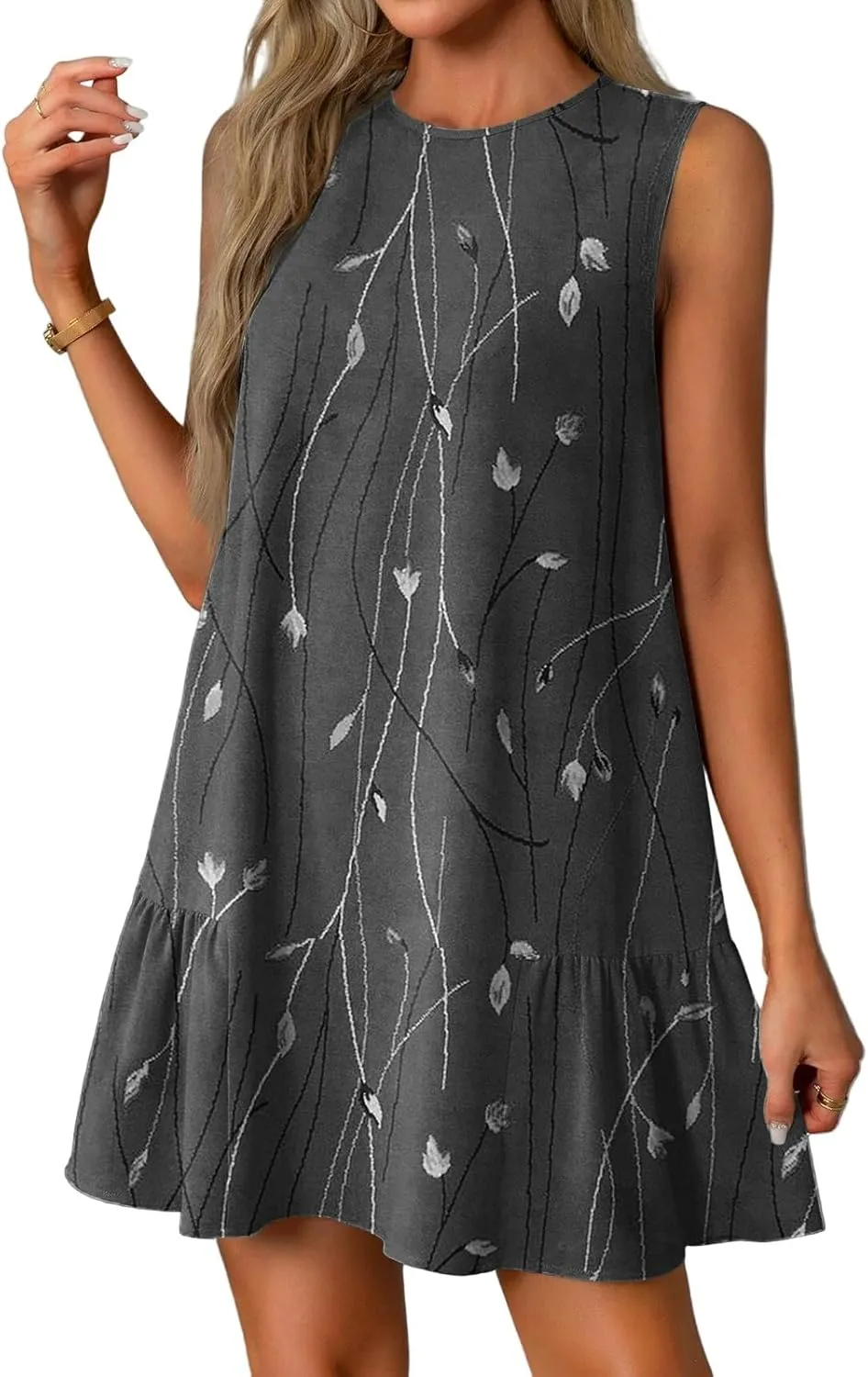 Summer Dresses 2025 Casual Crew Neck Vintage Floral Sleeveless Ruffle Hem A Line Beach Mini Tank Sundresses with Pockets