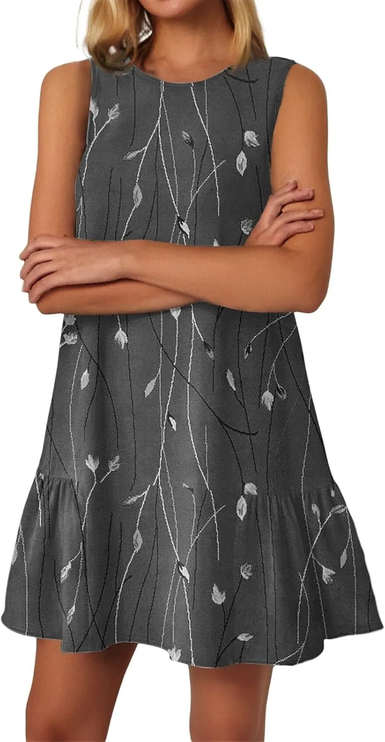 Summer Dresses 2025 Casual Crew Neck Vintage Floral Sleeveless Ruffle Hem A Line Beach Mini Tank Sundresses with Pockets
