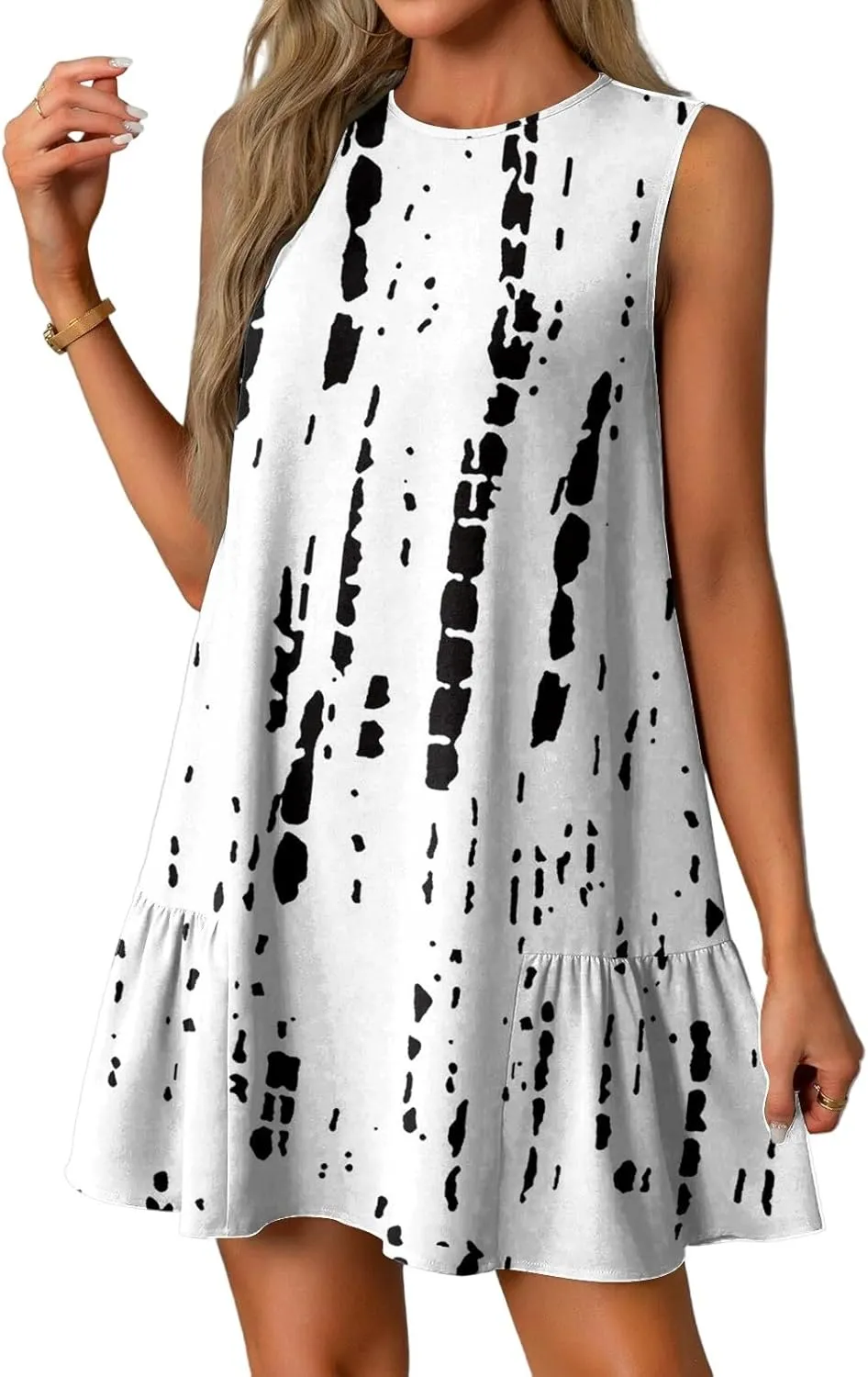 Summer Dresses 2025 Casual Crew Neck Vintage Floral Sleeveless Ruffle Hem A Line Beach Mini Tank Sundresses with Pockets