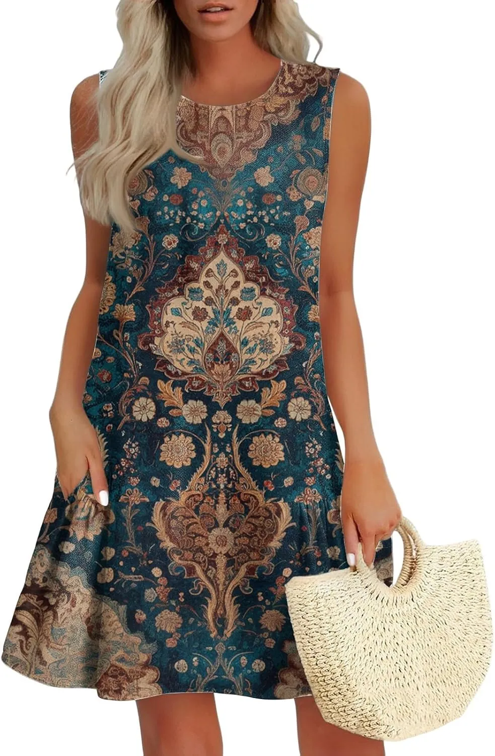 Summer Dresses for Women 2025 Casual Floral Print A-Line Sleeveless Ruffle Hem Round Neck with Pockets Beach Tank Dresses