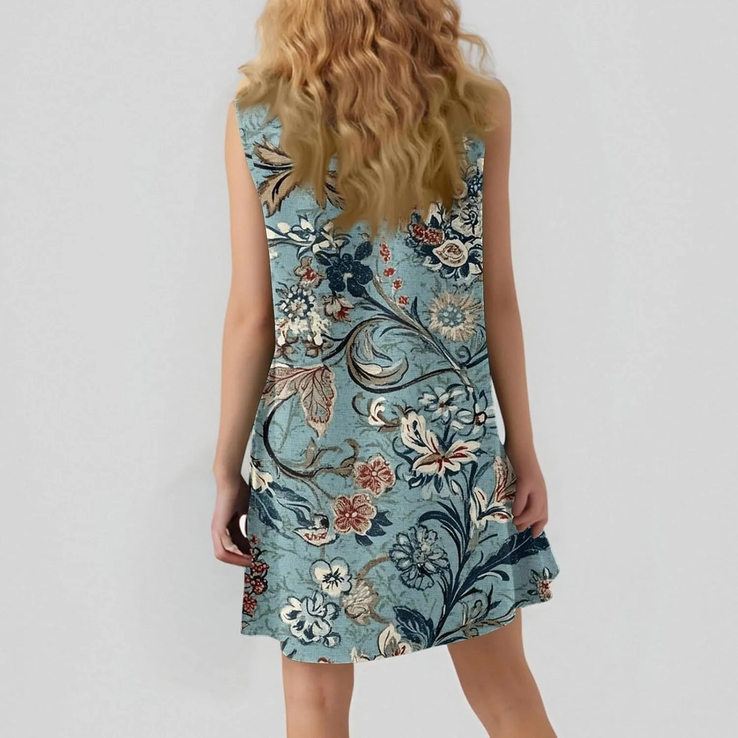 Summer Dresses for Women 2025 Casual Floral Print A-Line Sleeveless Ruffle Hem Round Neck with Pockets Beach Tank Dresses