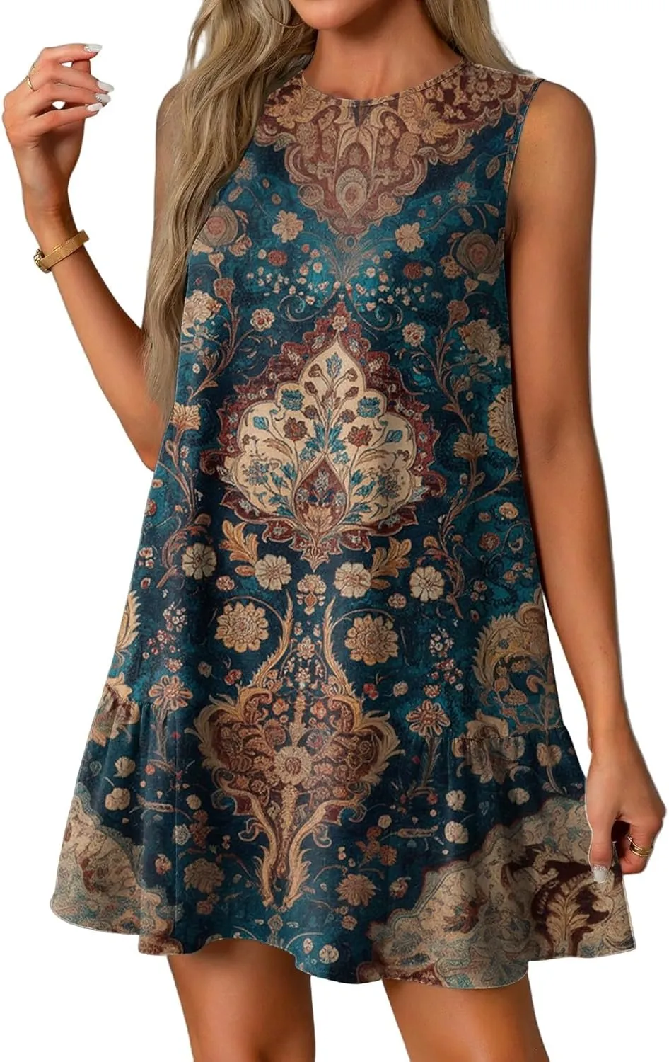 Summer Dresses for Women 2025 Casual Floral Print A-Line Sleeveless Ruffle Hem Round Neck with Pockets Beach Tank Dresses