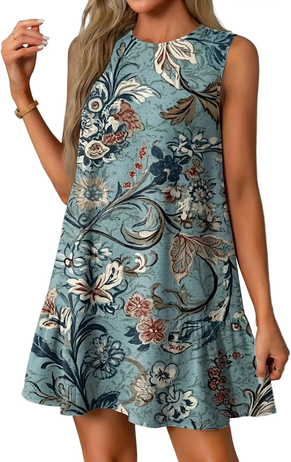 Summer Dresses for Women 2025 Casual Floral Print A-Line Sleeveless Ruffle Hem Round Neck with Pockets Beach Tank Dresses