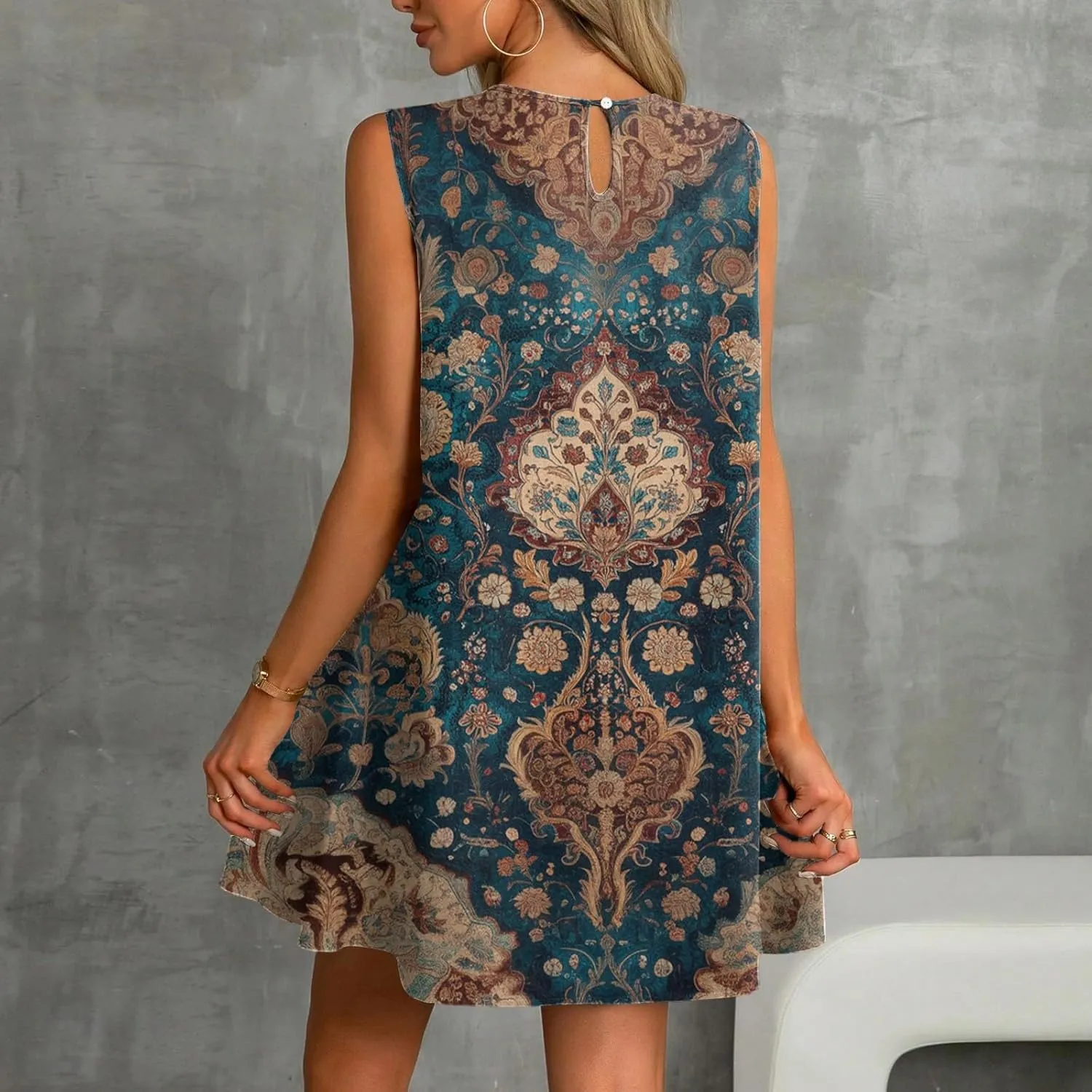 Summer Dresses for Women 2025 Casual Floral Print A-Line Sleeveless Ruffle Hem Round Neck with Pockets Beach Tank Dresses