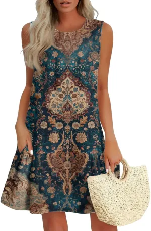 Summer Dresses for Women 2025 Casual Floral Print A-Line Sleeveless Ruffle Hem Round Neck with Pockets Beach Tank Dresses
