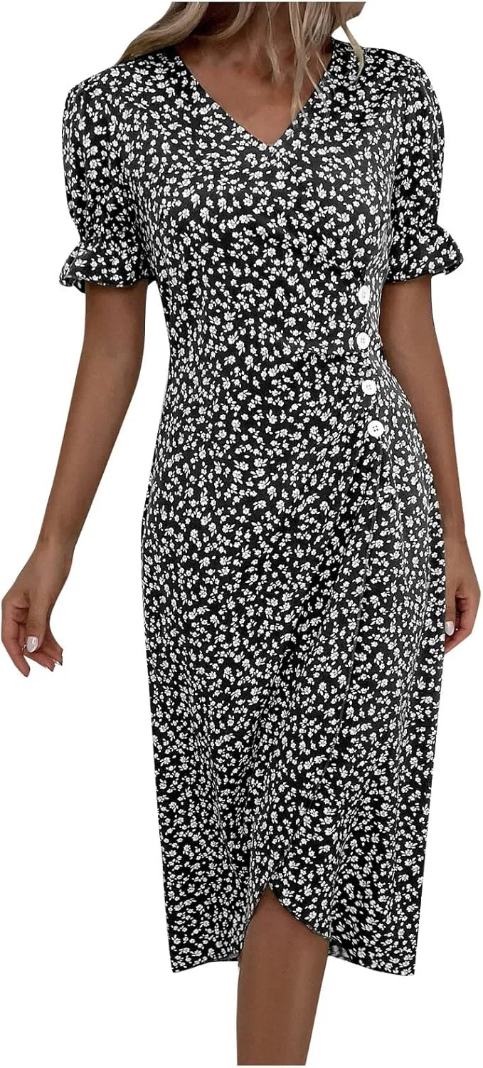 Summer Dresses for Women 2025 Short Sleeve Casual Flowy Dresses V Neck Floral Vacation Sundress Faux Wrap Midi Dress