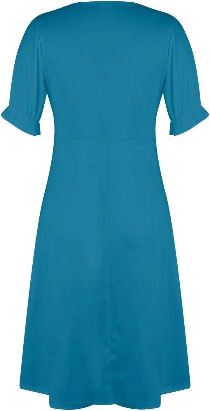 Summer Dresses for Women 2025 Short Sleeve Casual Flowy Dresses V Neck Floral Vacation Sundress Faux Wrap Midi Dress