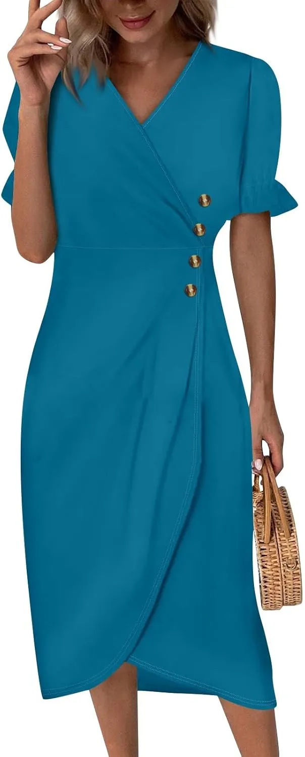 Summer Dresses for Women 2025 Short Sleeve Casual Flowy Dresses V Neck Floral Vacation Sundress Faux Wrap Midi Dress