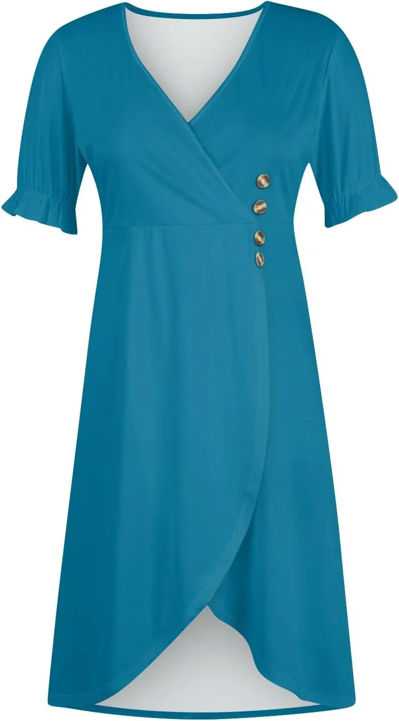 Summer Dresses for Women 2025 Short Sleeve Casual Flowy Dresses V Neck Floral Vacation Sundress Faux Wrap Midi Dress