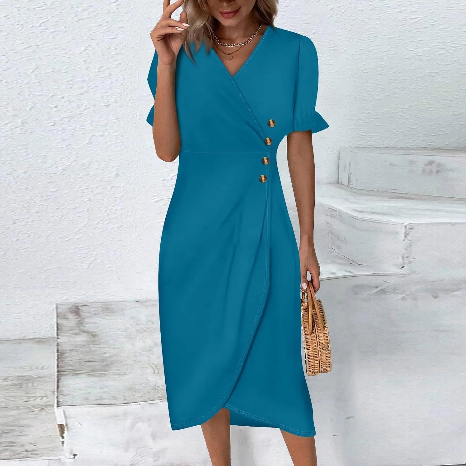 Summer Dresses for Women 2025 Short Sleeve Casual Flowy Dresses V Neck Floral Vacation Sundress Faux Wrap Midi Dress