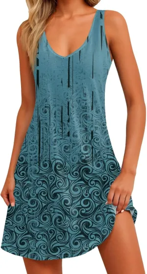Summer Dresses for Women 2025 Vacation Beach Mini Dress V Neck Sleeveless Swing Tank Sundresses with Pockets