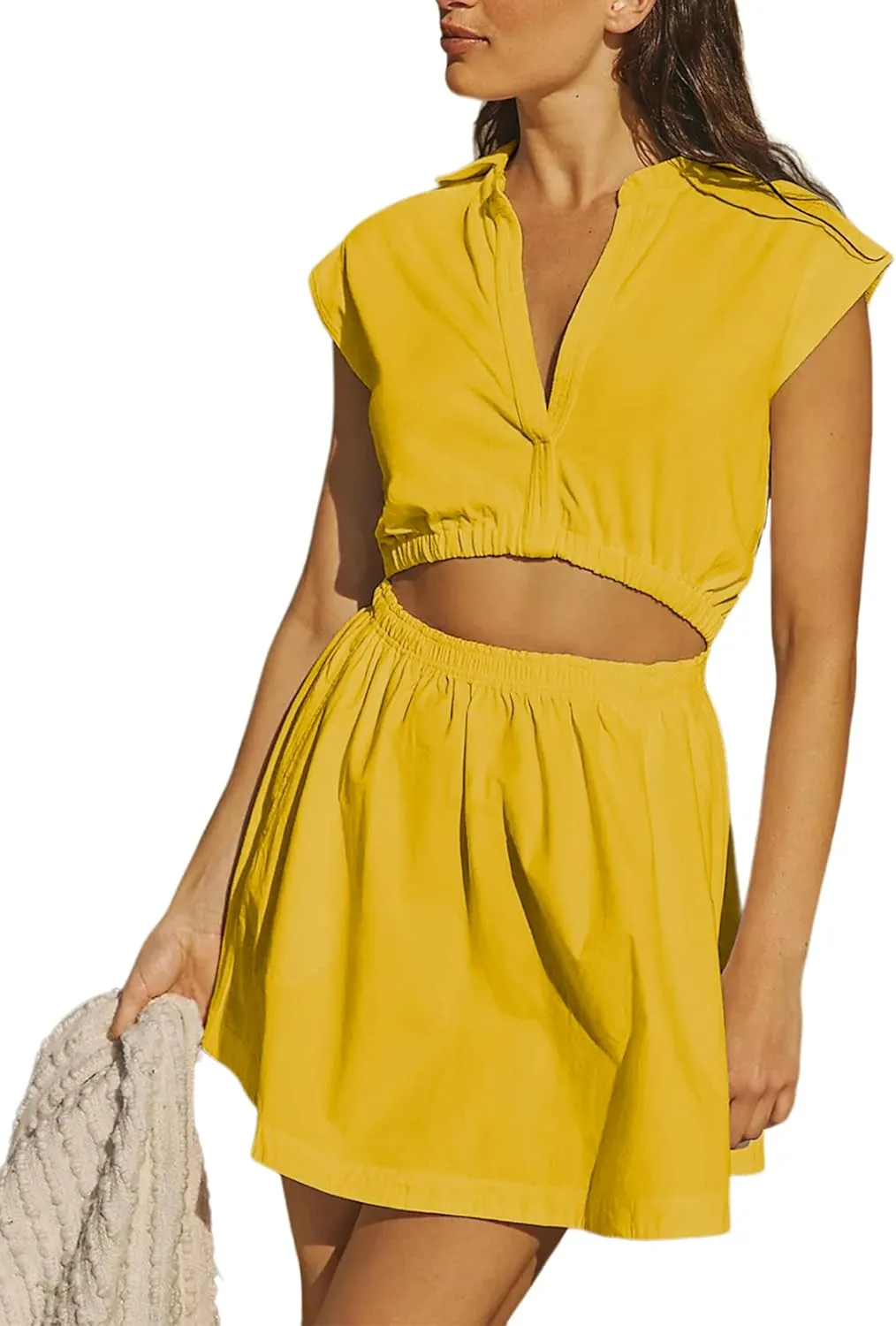 Summer Dresses for Women Casual Elegant Sleeveless V Neck Cutout Elastic Mini Dress
