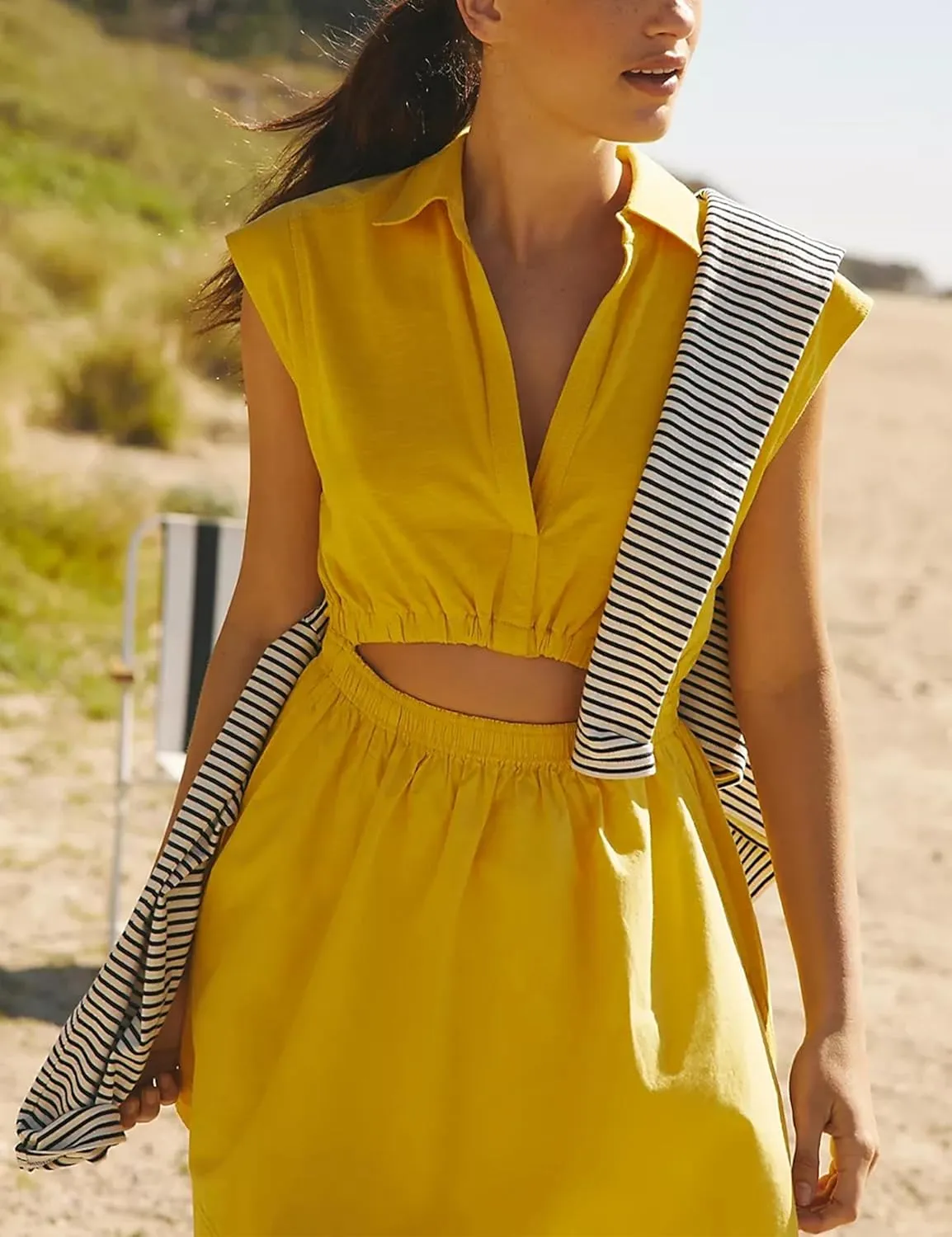 Summer Dresses for Women Casual Elegant Sleeveless V Neck Cutout Elastic Mini Dress