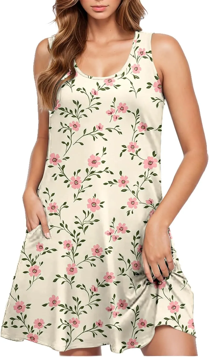 Summer Floral Tank Dresses for Women Sleeveless Mini Tunic Dress Beach Holiday Ruffle Swing Sundress Bikini Cover Up