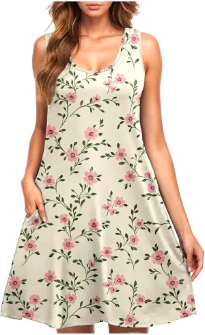 Summer Floral Tank Dresses for Women Sleeveless Mini Tunic Dress Beach Holiday Ruffle Swing Sundress Bikini Cover Up