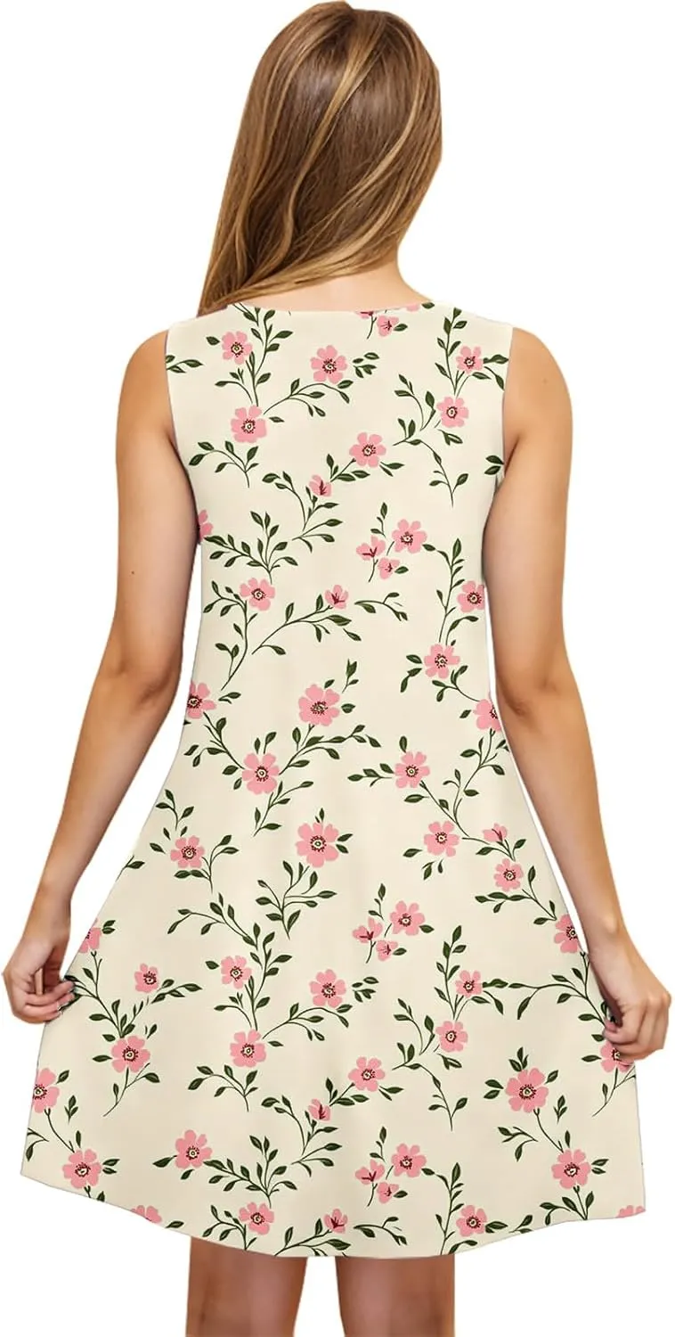 Summer Floral Tank Dresses for Women Sleeveless Mini Tunic Dress Beach Holiday Ruffle Swing Sundress Bikini Cover Up