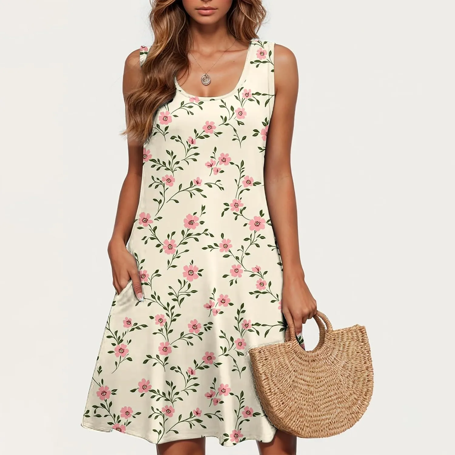 Summer Floral Tank Dresses for Women Sleeveless Mini Tunic Dress Beach Holiday Ruffle Swing Sundress Bikini Cover Up