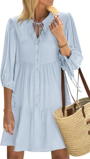 Summer Mini Dresses Casual V Neck Drawstring Button Down 3/4 Puff Sleeve Pleated A Line Ruffle Dress Boho Flowy Beach Vacation Going Out Spirng Short Shirt Dress Light Blue
