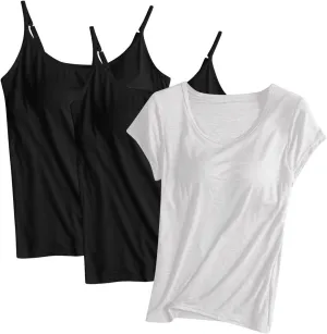 Summer Tank Tops for Women Built in Bra Cotton Shelf Bra Tanks Layering Undershirts 3 Pack