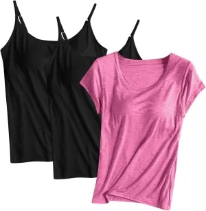 Summer Tank Tops for Women Built in Bra Cotton Shelf Bra Tanks Layering Undershirts 3 Pack