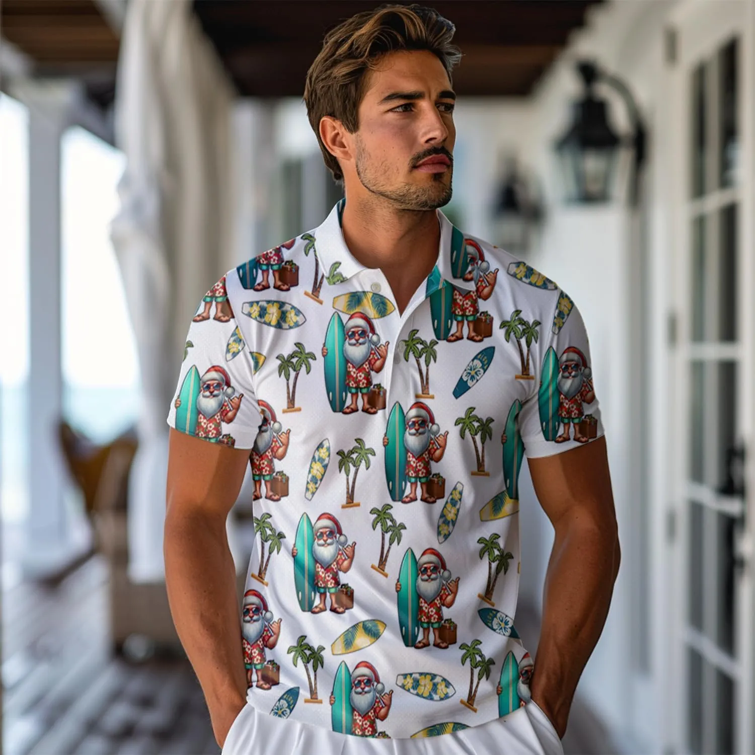 Surfboard Polo Shirts for Men - Ocean Lover Stylish Mens Goft Shirt Casual Short Sleeve Button Down Outfit Set 19