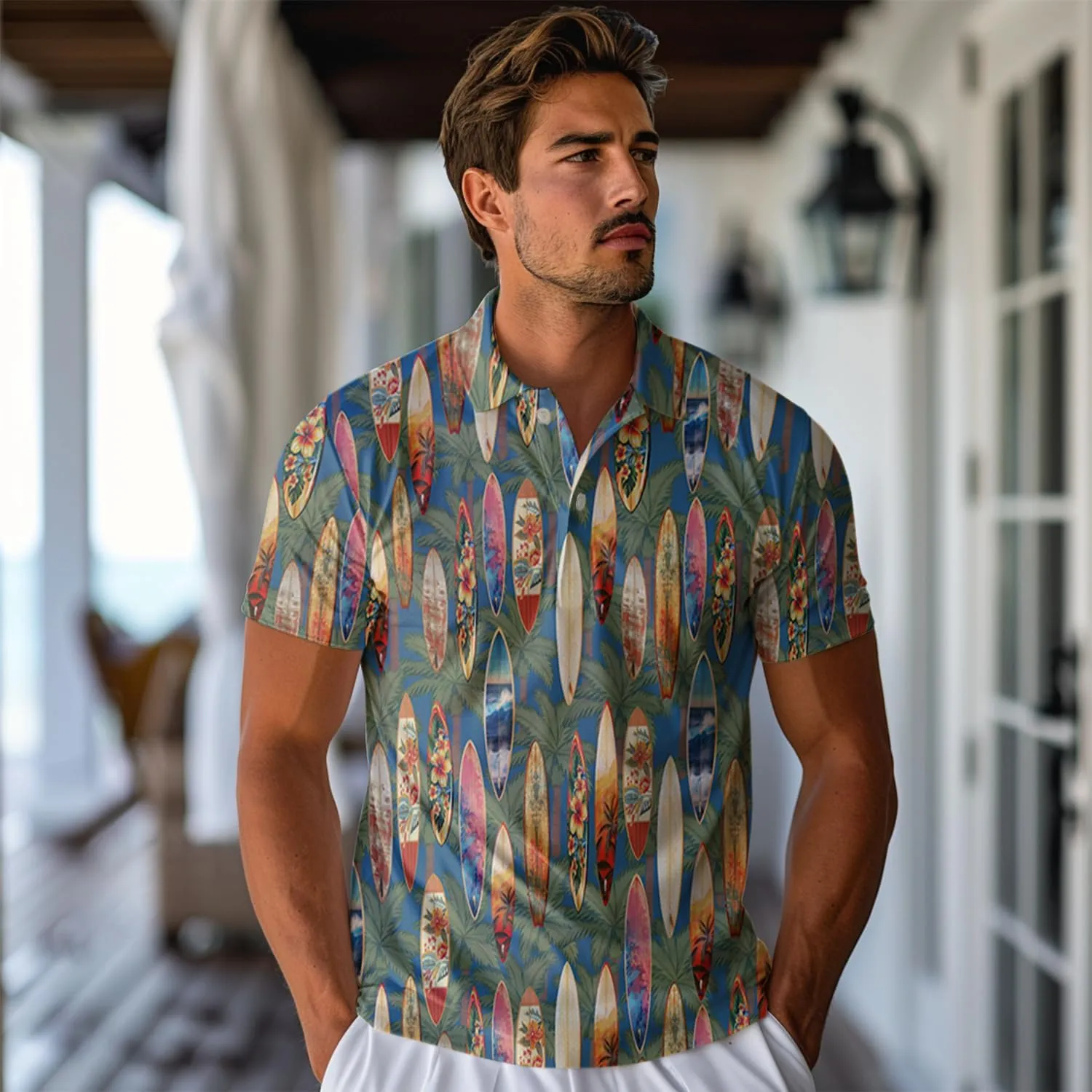 Surfboard Polo Shirts for Men - Ocean Lover Stylish Mens Goft Shirt Casual Short Sleeve Button Down Outfit Set 19