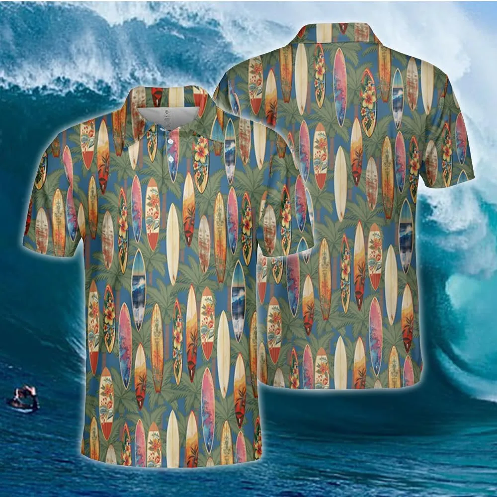 Surfboard Polo Shirts for Men - Ocean Lover Stylish Mens Goft Shirt Casual Short Sleeve Button Down Outfit Set 19