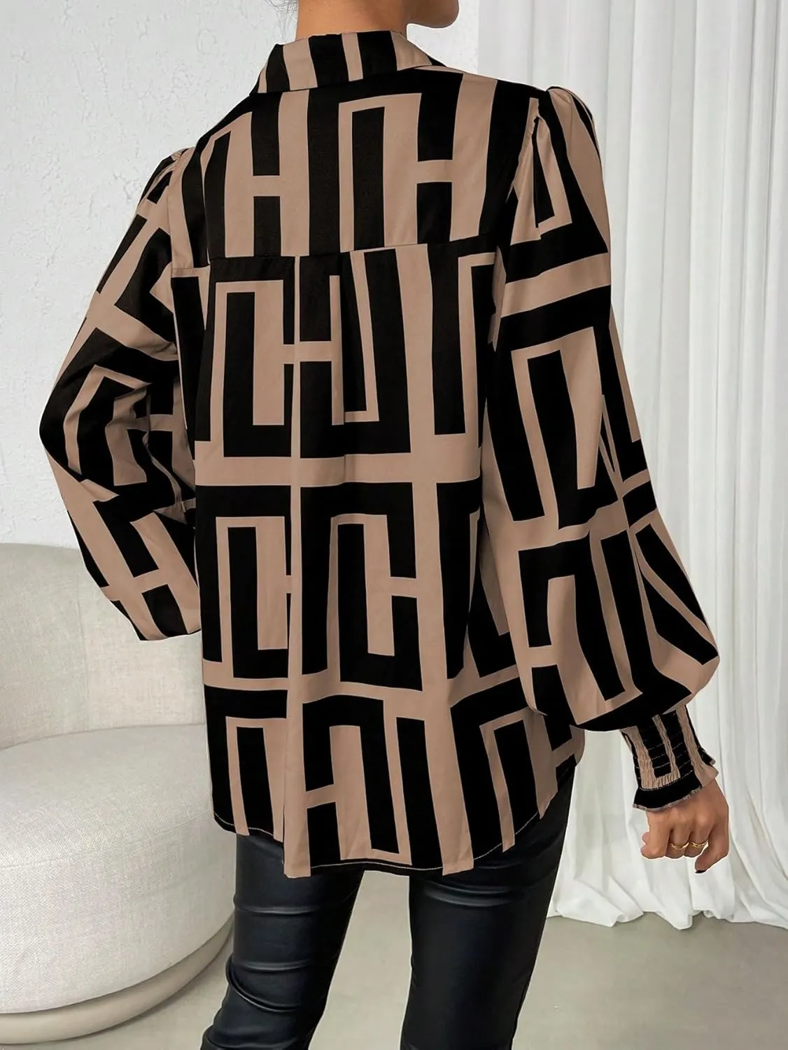 SweatyRocks Women's Graphic Print Long Lantern Sleeve Collar Neck Button Front Blouse Shirt Top