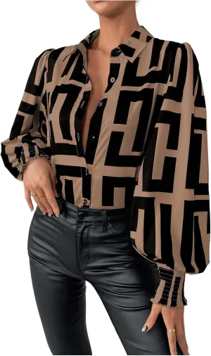 SweatyRocks Women's Graphic Print Long Lantern Sleeve Collar Neck Button Front Blouse Shirt Top