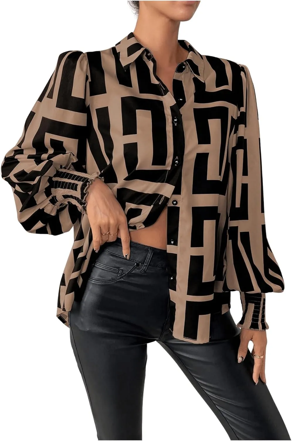 SweatyRocks Women's Graphic Print Long Lantern Sleeve Collar Neck Button Front Blouse Shirt Top