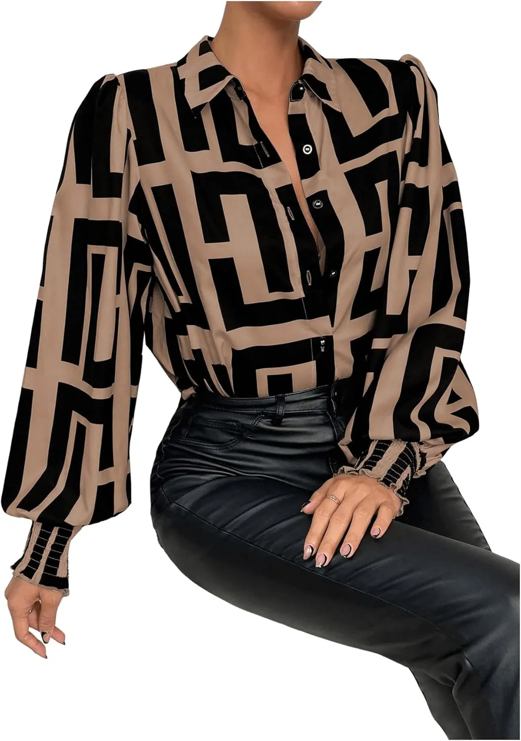 SweatyRocks Women's Graphic Print Long Lantern Sleeve Collar Neck Button Front Blouse Shirt Top