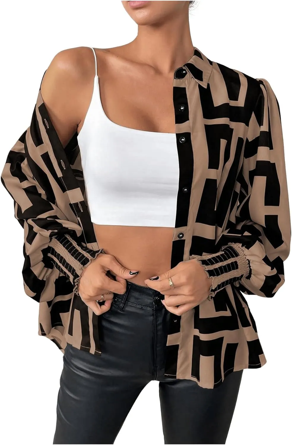 SweatyRocks Women's Graphic Print Long Lantern Sleeve Collar Neck Button Front Blouse Shirt Top