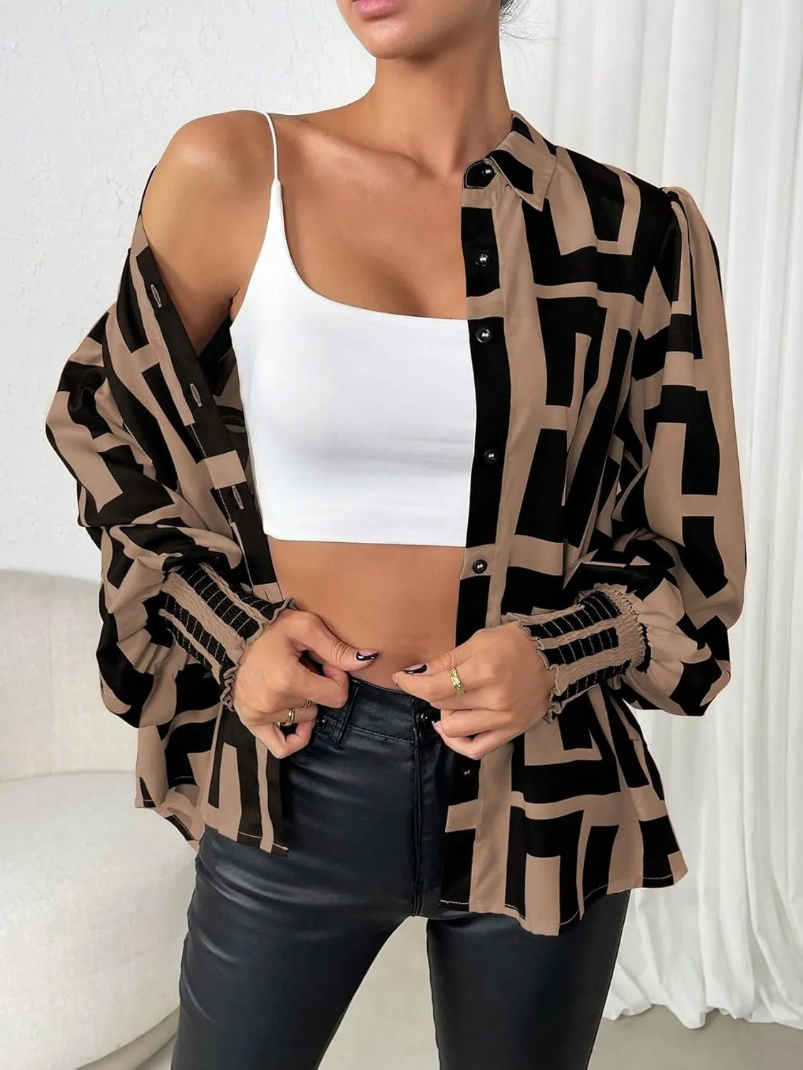 SweatyRocks Women's Graphic Print Long Lantern Sleeve Collar Neck Button Front Blouse Shirt Top