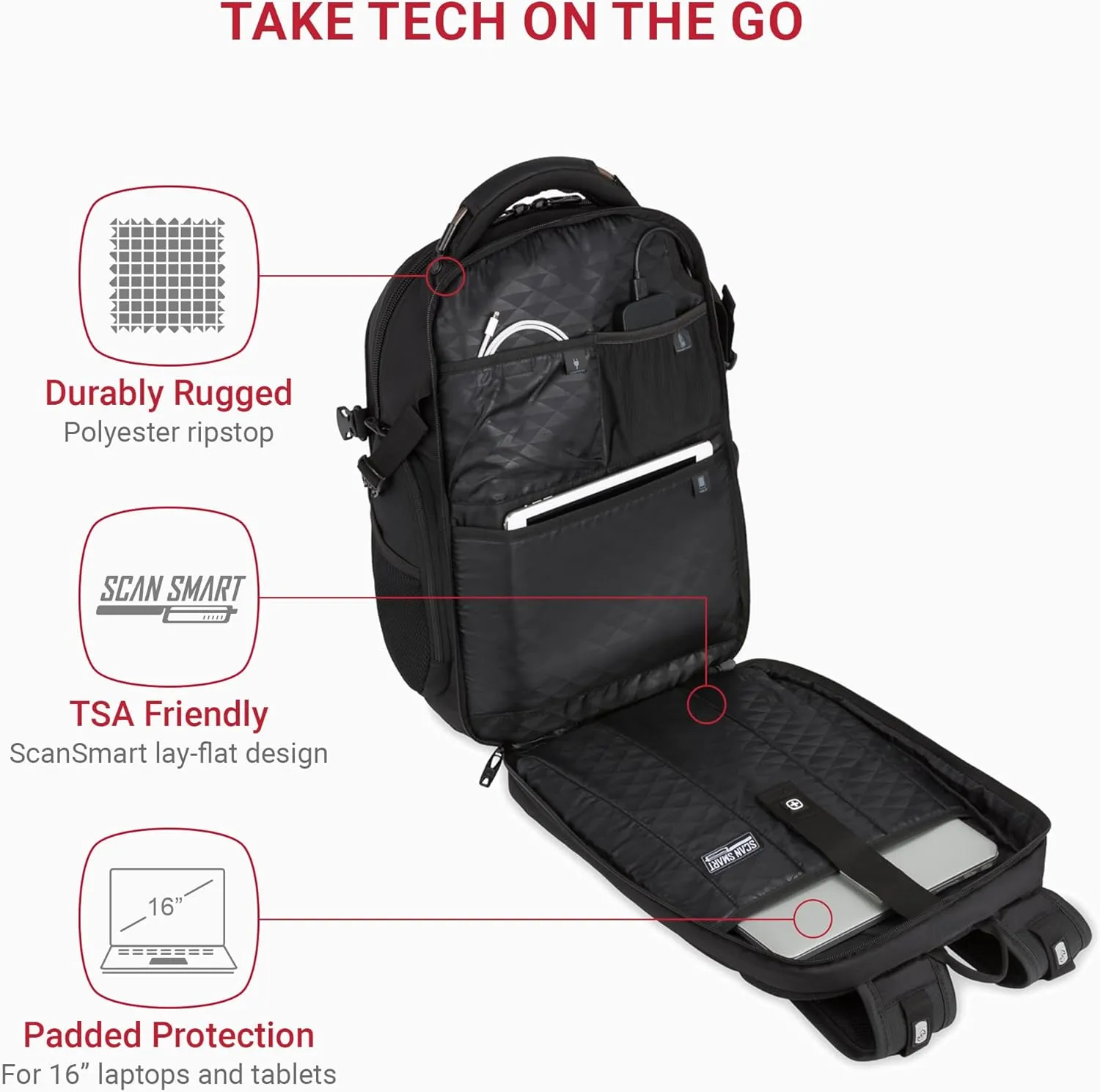 SwissGear Travel Tech Elite Laptop Backpack  Fits Laptops up to 16  ScanSmart TSA-Friendly Backpack with USB Port, Shoe Compartment & Organizer Pockets  Black