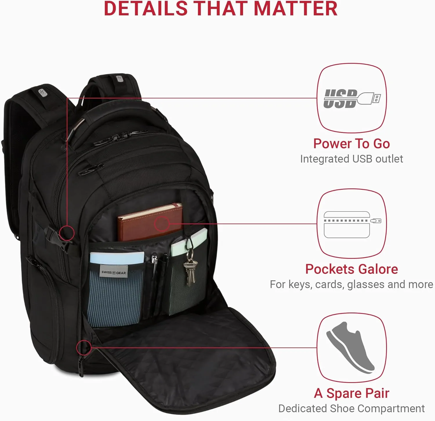 SwissGear Travel Tech Elite Laptop Backpack  Fits Laptops up to 16  ScanSmart TSA-Friendly Backpack with USB Port, Shoe Compartment & Organizer Pockets  Black