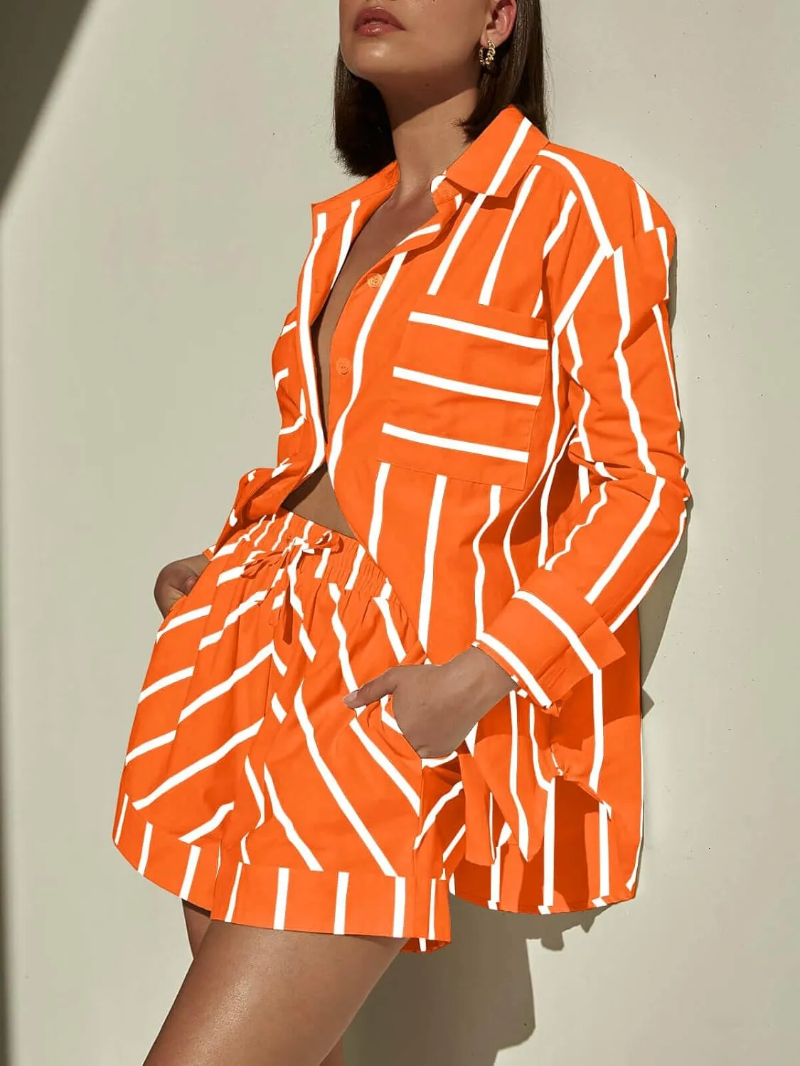 Tankaneo Womens Striped 2 Piece Outfits Button Down Shirts and Shorts Lounge Matching Sets
