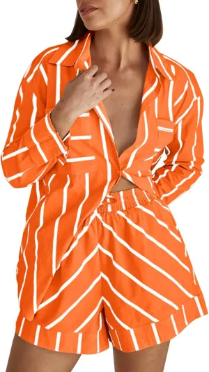 Tankaneo Womens Striped 2 Piece Outfits Button Down Shirts and Shorts Lounge Matching Sets