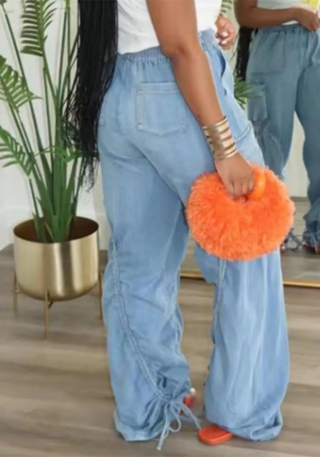 Tbahhir Baggy Cargo Jeans for Women High Waist Wide Leg Denim Pants Loose Harem Drawstring Jogger Sweatpants Trousers