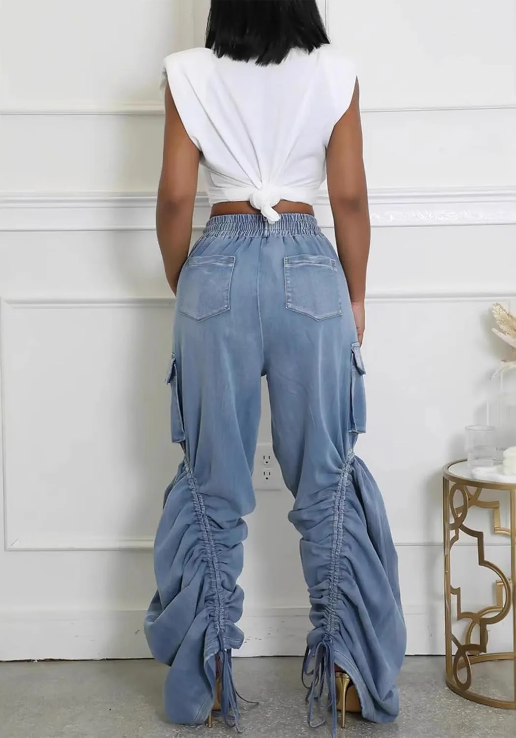 Tbahhir Baggy Cargo Jeans for Women High Waist Wide Leg Denim Pants Loose Harem Drawstring Jogger Sweatpants Trousers