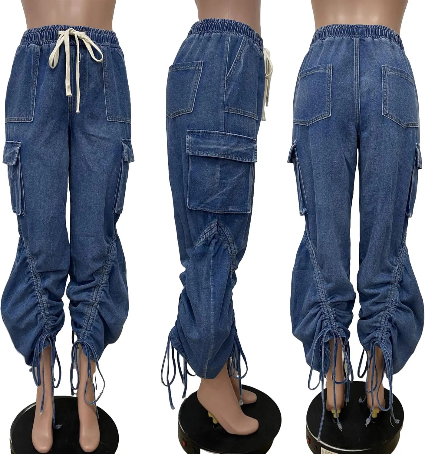 Tbahhir Baggy Cargo Jeans for Women High Waist Wide Leg Denim Pants Loose Harem Drawstring Jogger Sweatpants Trousers