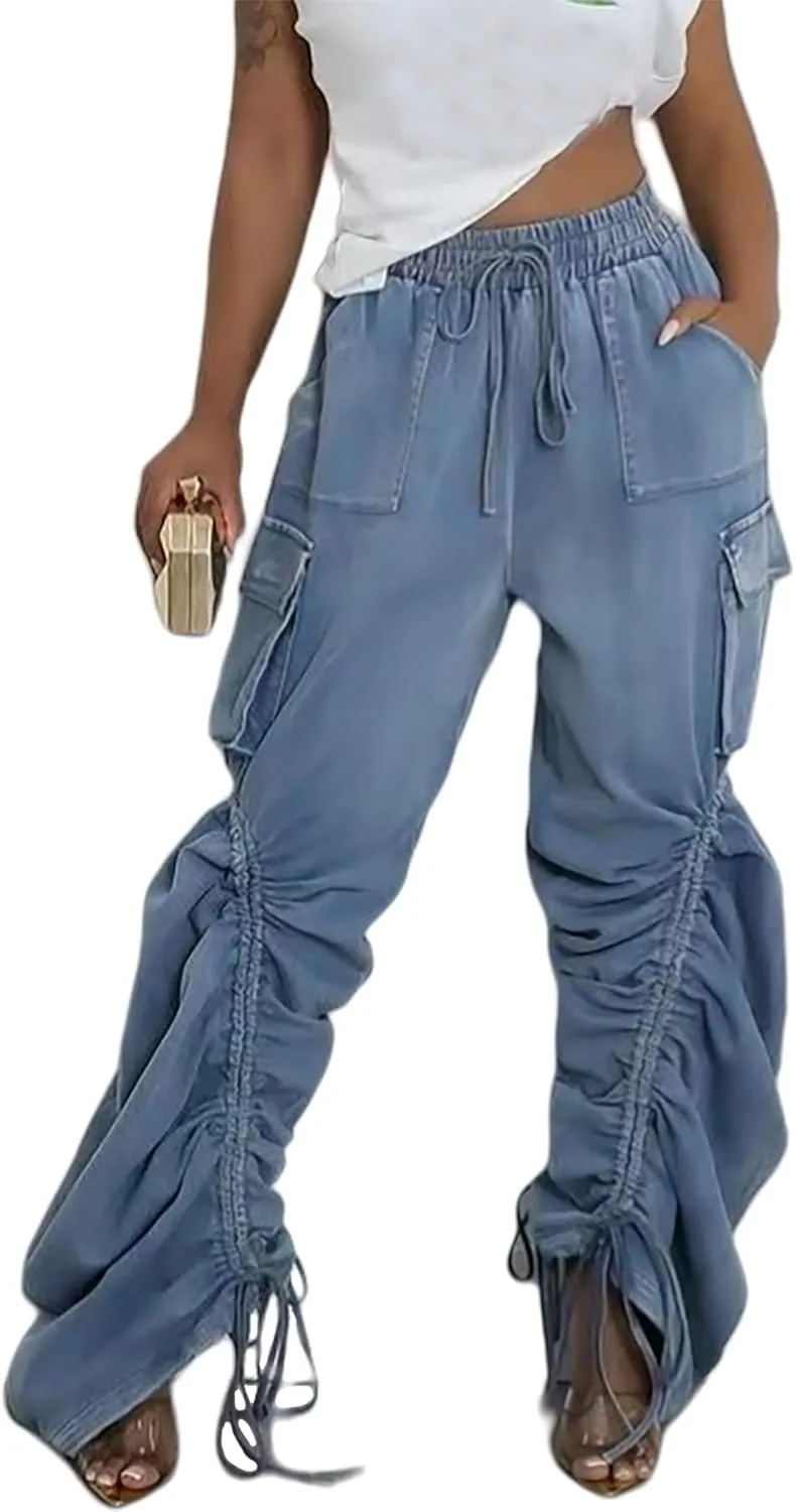 Tbahhir Baggy Cargo Jeans for Women High Waist Wide Leg Denim Pants Loose Harem Drawstring Jogger Sweatpants Trousers