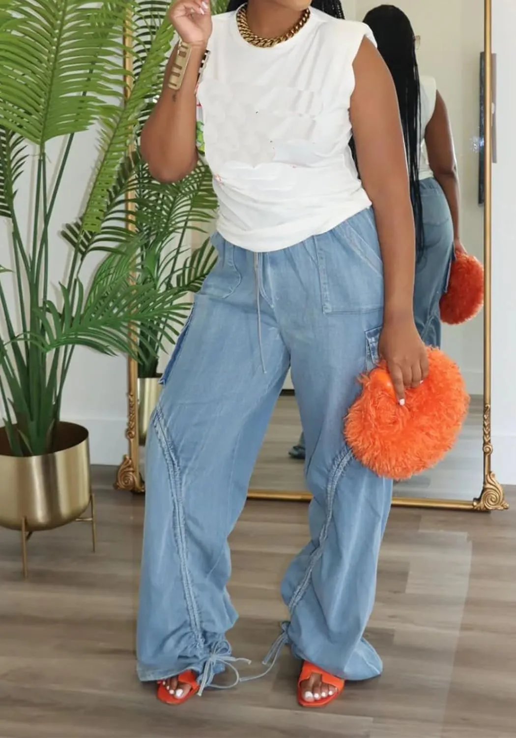 Tbahhir Baggy Cargo Jeans for Women High Waist Wide Leg Denim Pants Loose Harem Drawstring Jogger Sweatpants Trousers