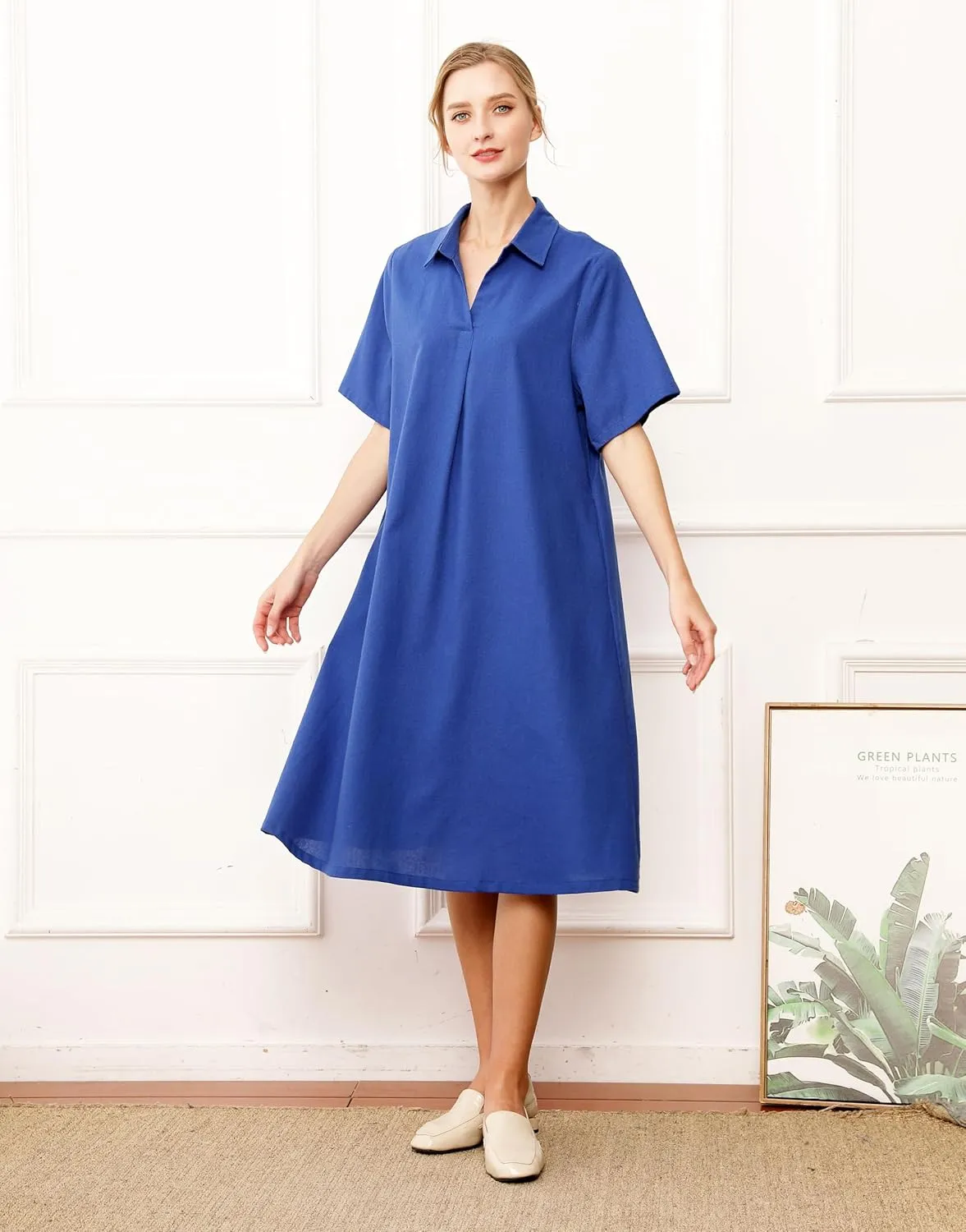 Tebreux Women's Cotton Linen Dress Plus Size V Neck Short Sleeve Casual Shirt Dresses with Pockets