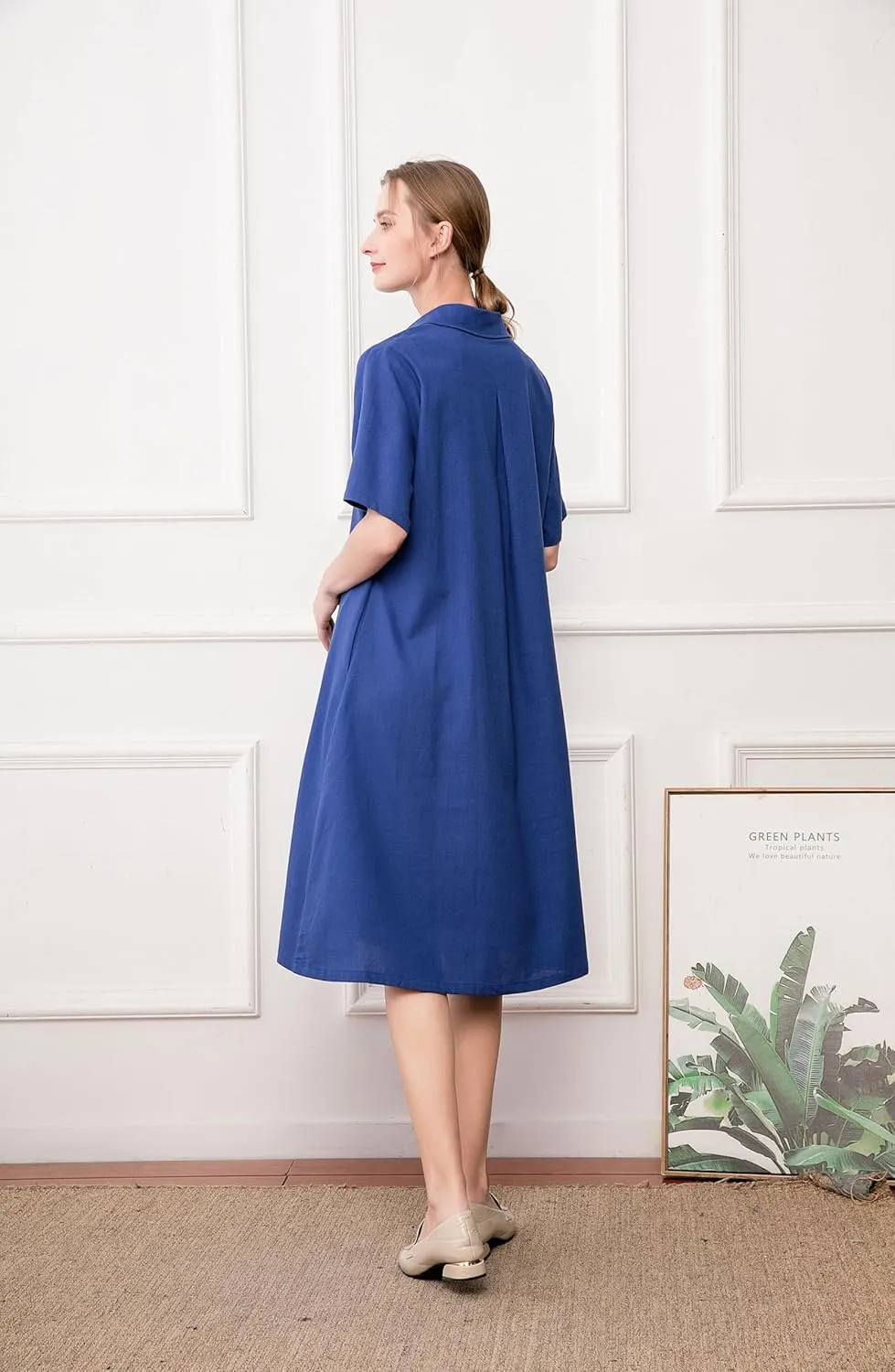 Tebreux Women's Cotton Linen Dress Plus Size V Neck Short Sleeve Casual Shirt Dresses with Pockets
